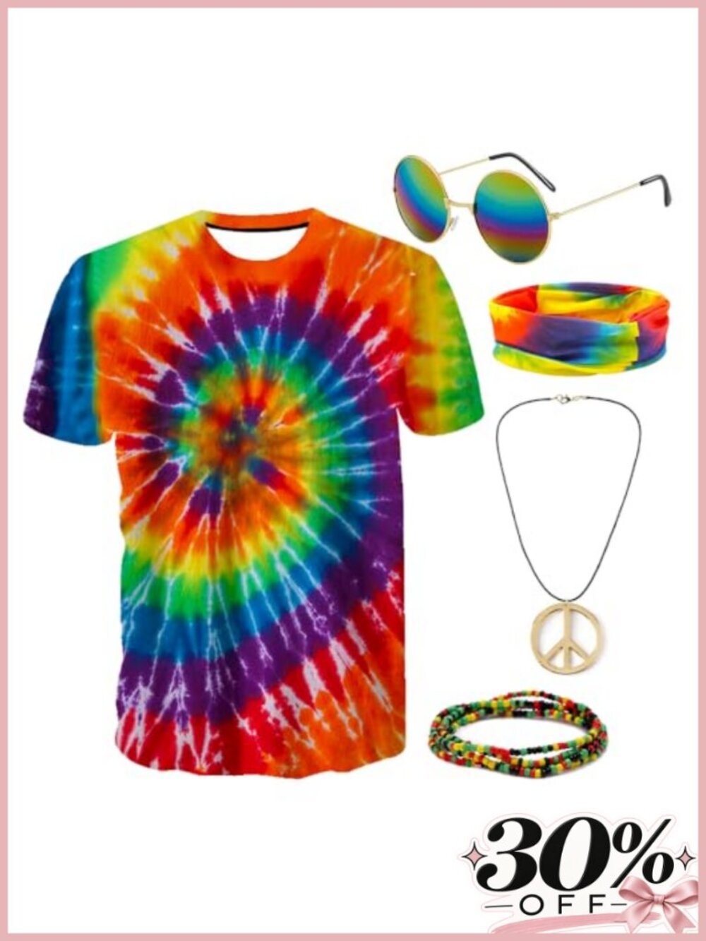 Hippie Costume Set Polyester T-Shirt Sunglasses Necklace 60s 70s Party